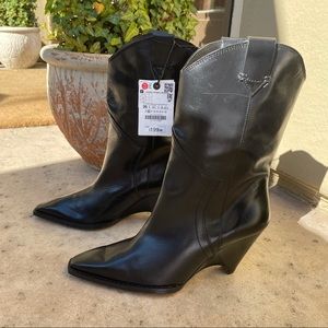 Zara Leather Cowboy Wedge Heel Boots